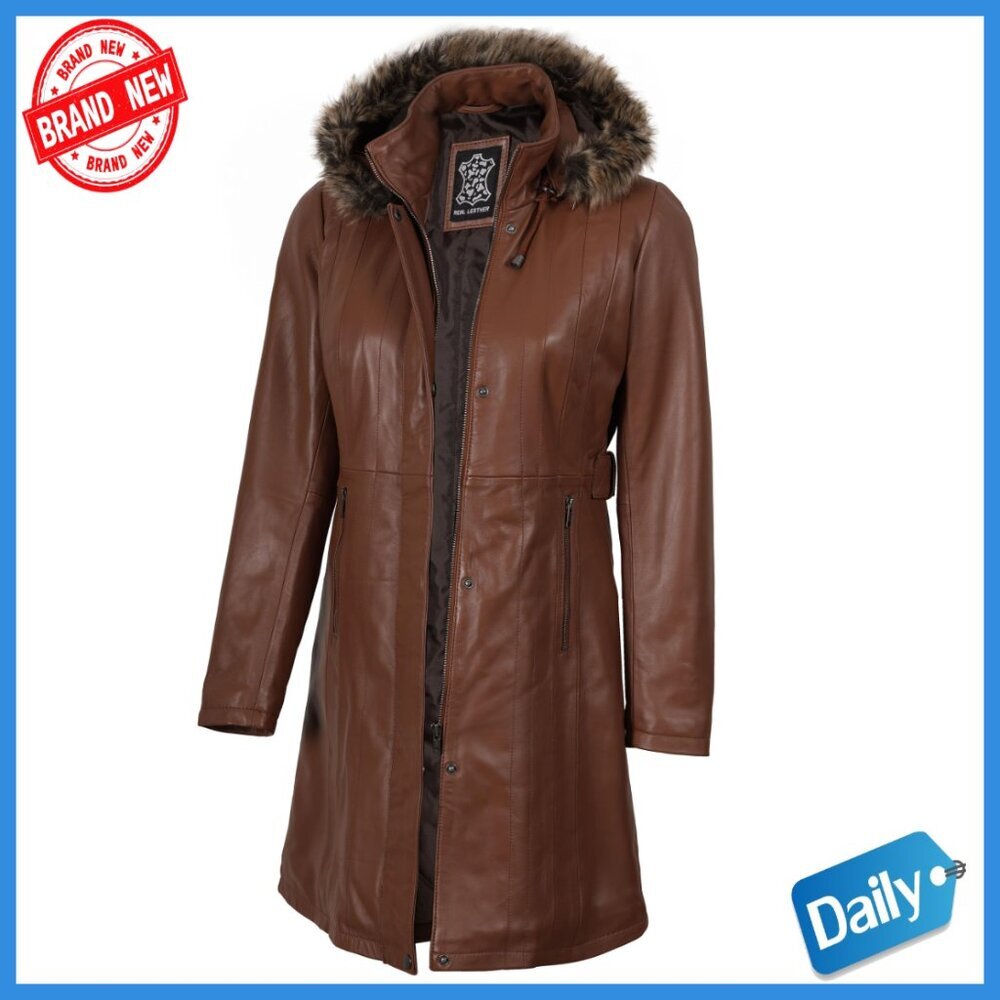 Long Sleeve Lambskin Leather Trench Coat with Hood and Pockets